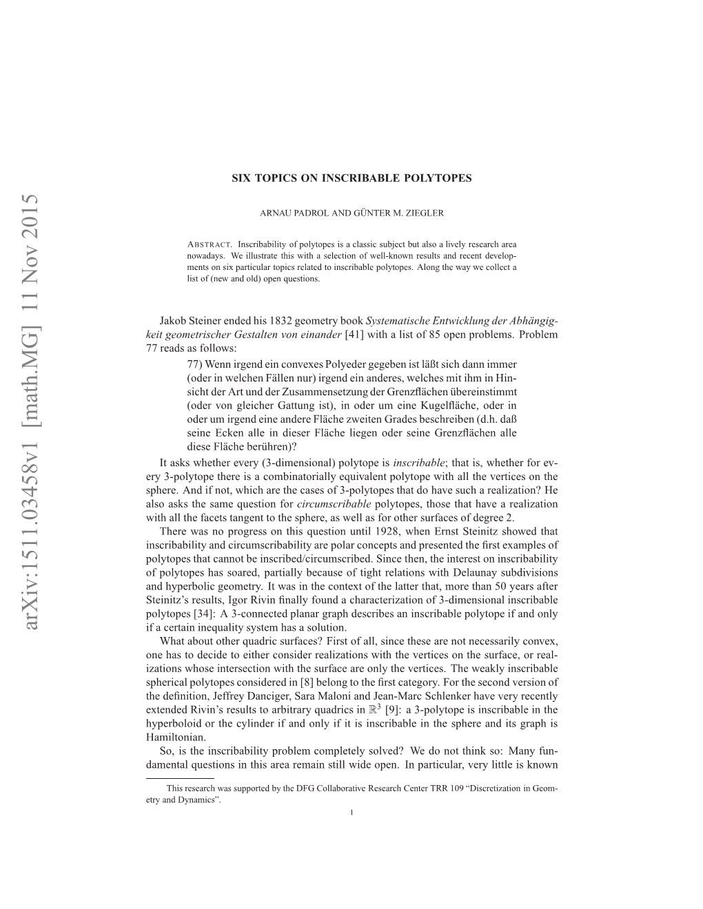 SIX TOPICS on INSCRIBABLE POLYTOPES 3 Circumscribability of 3-Polytopes [19] by Linear Programming (See Also [32], [33], [35])