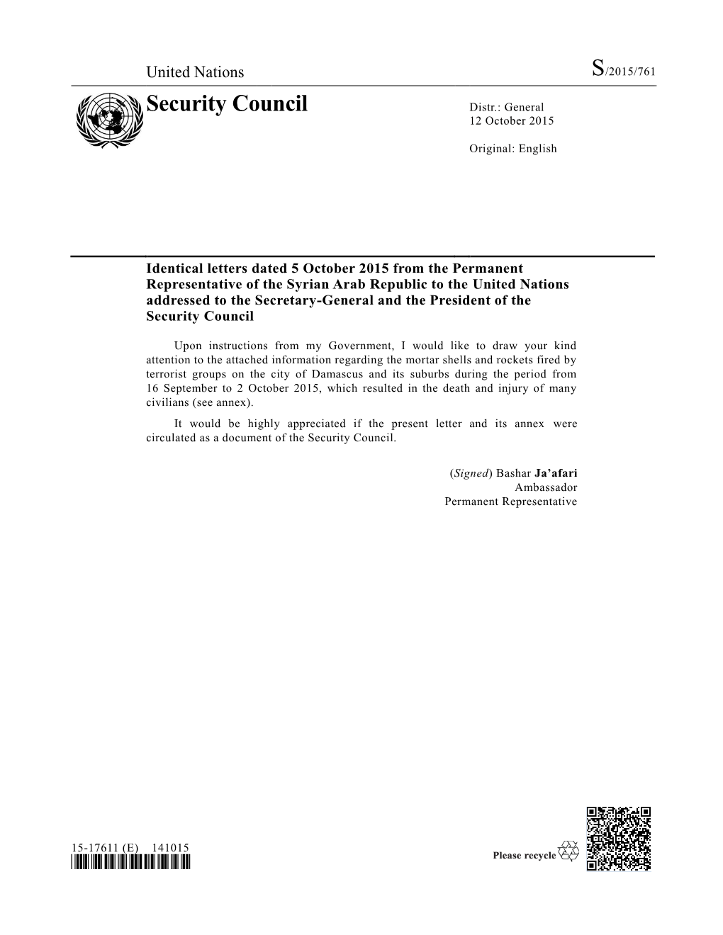 Security Council Distr.: General 12 October 2015