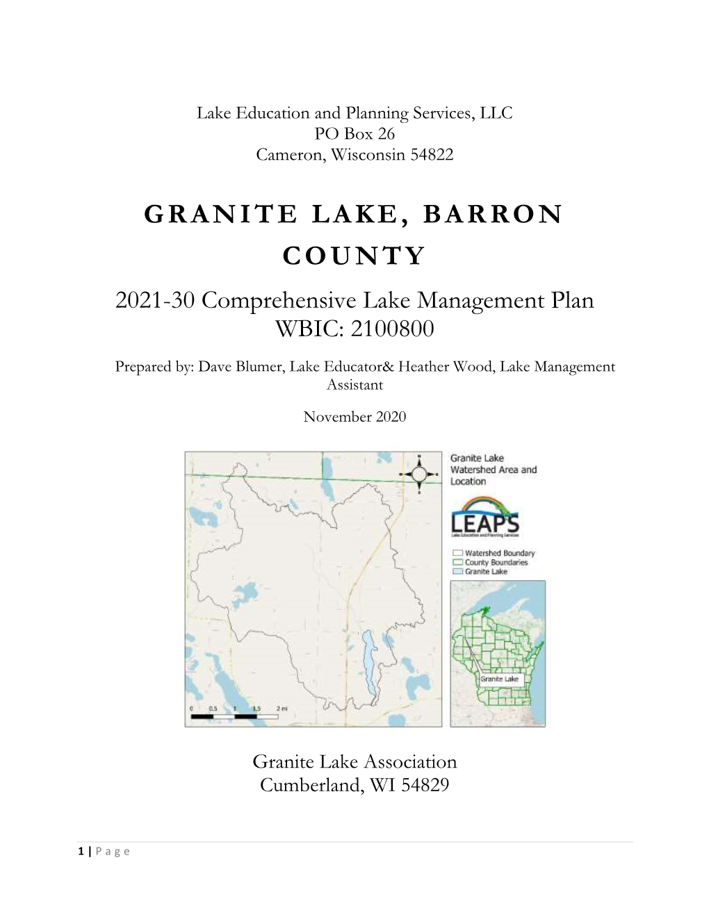 GRANITE LAKE, BARRON COUNTY 2021-30 Comprehensive Lake Management Plan WBIC: 2100800