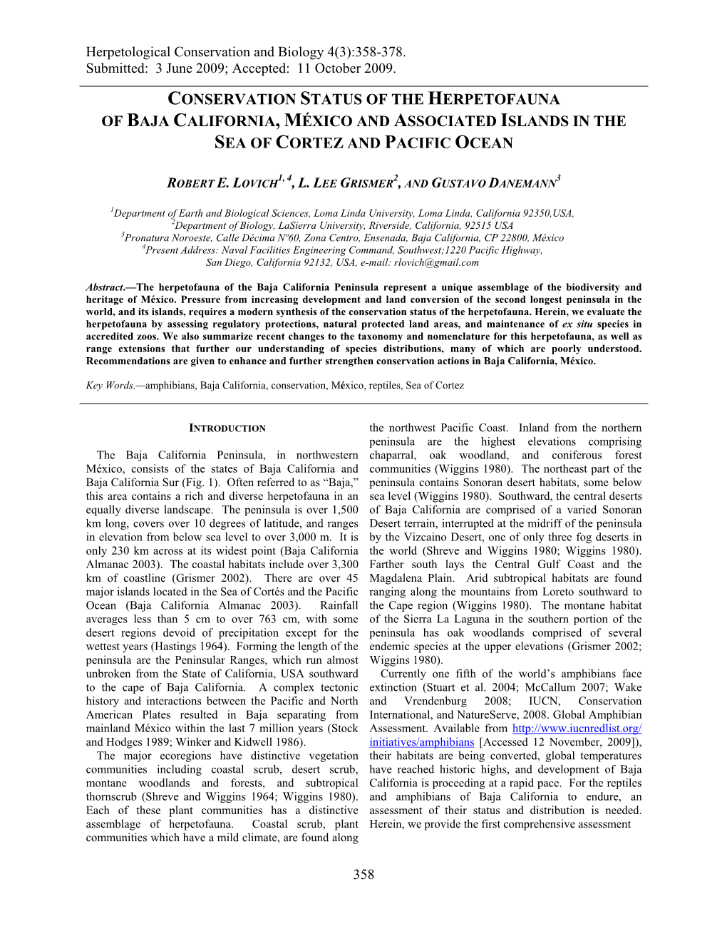 Conservation Status of the Herpetofauna of Baja California, México and Associated Islands in the Sea of Cortez and Pacific Ocean