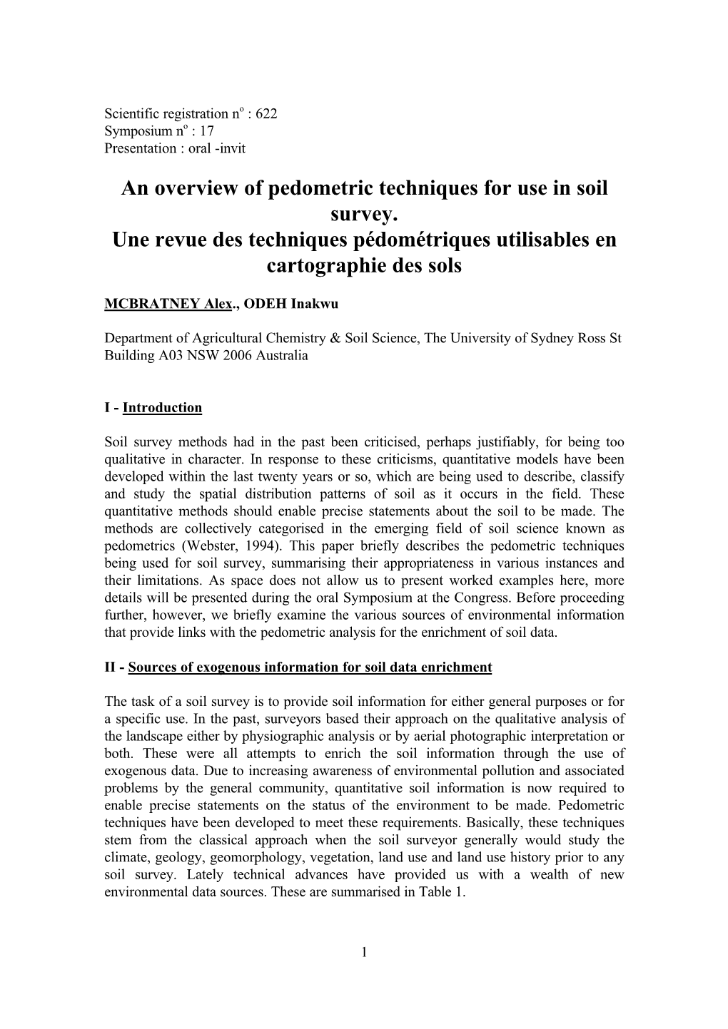 An Overview of Pedometric Techniques for Use in Soil Survey. Une Revue Des Techniques Pédométriques Utilisables En Cartographie Des Sols