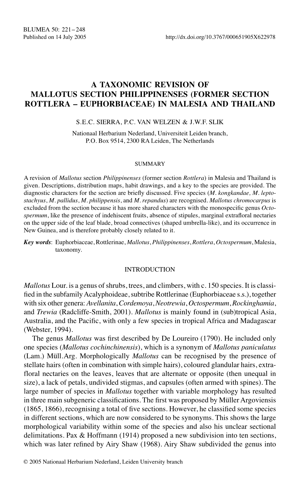 A TAXONOMIC Revision of Mallotus SECTION Philippinenses (FORMER SECTION ROTTLERA – Euphorbiaceae) in Malesia and THAILAND