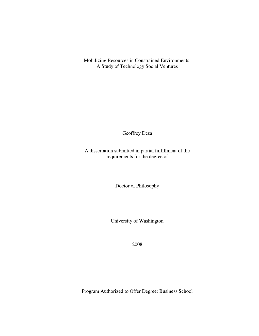 Mobilizing Resources in Constrained Environments: a Study of Technology Social Ventures