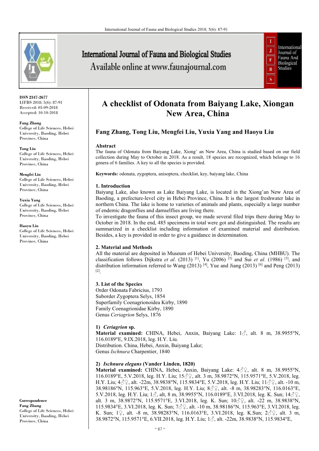 A Checklist of Odonata from Baiyang Lake, Xiongan New Area, China