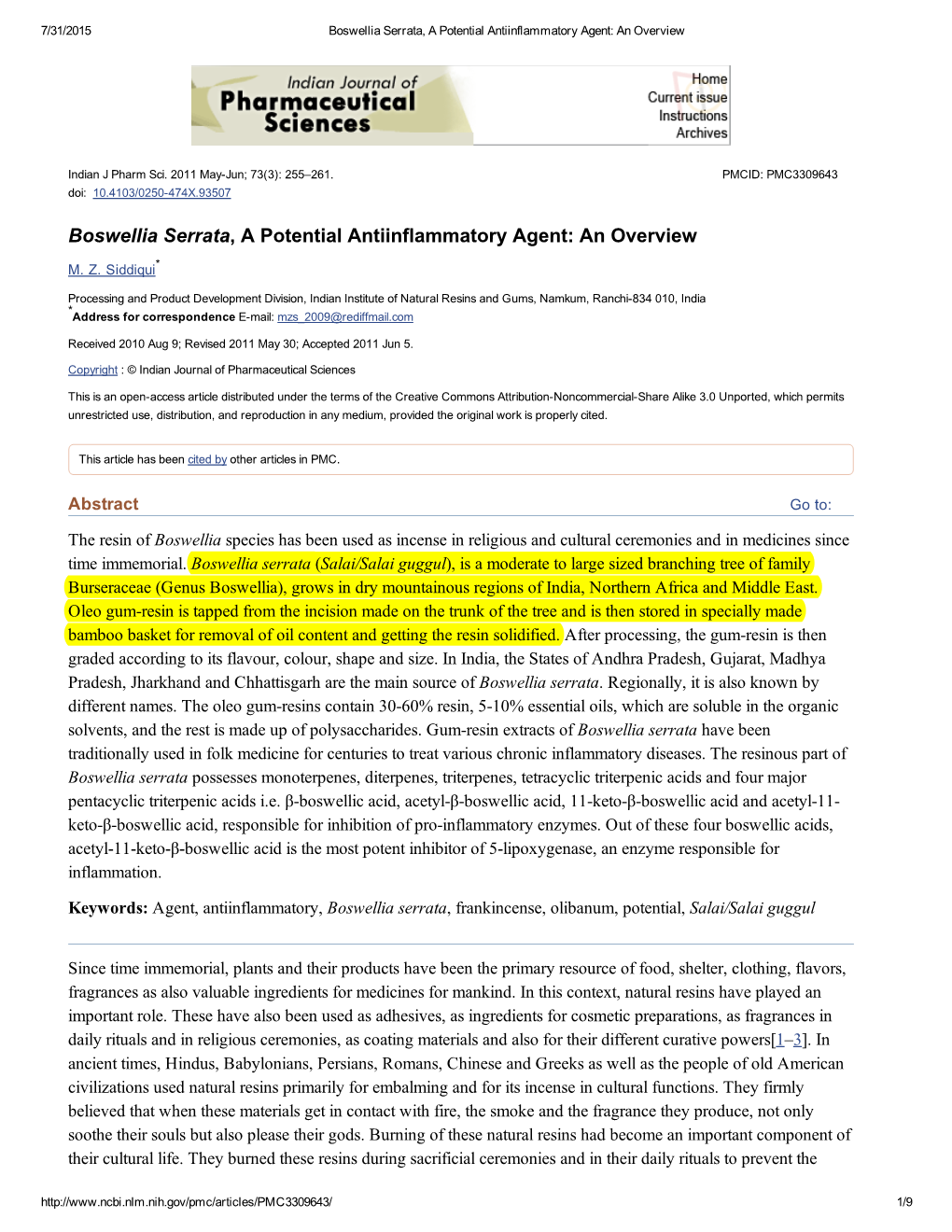 Boswellia Serrata, a Potential Antiinflammatory Agent: an Overview