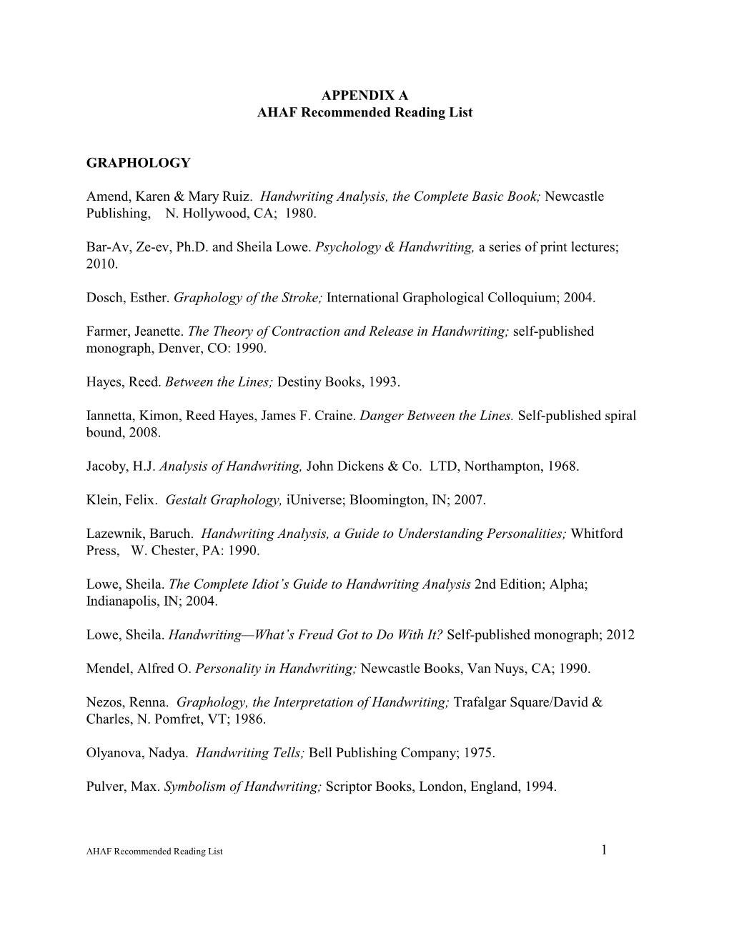 APPENDIX a AHAF Recommended Reading List GRAPHOLOGY