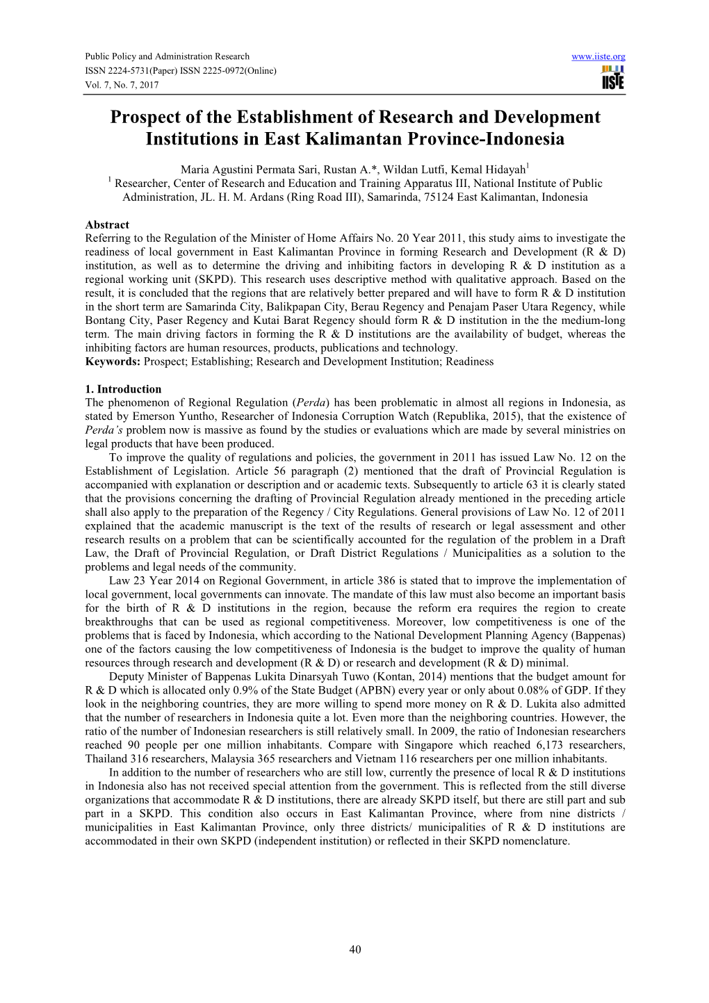 Prospect of the Establishment of Research and Development Institutions in East Kalimantan Province-Indonesia