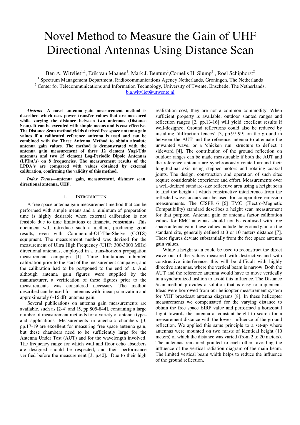 Novel Method to Measure the Gain of UHF Directional Antennas Using Distance Scan