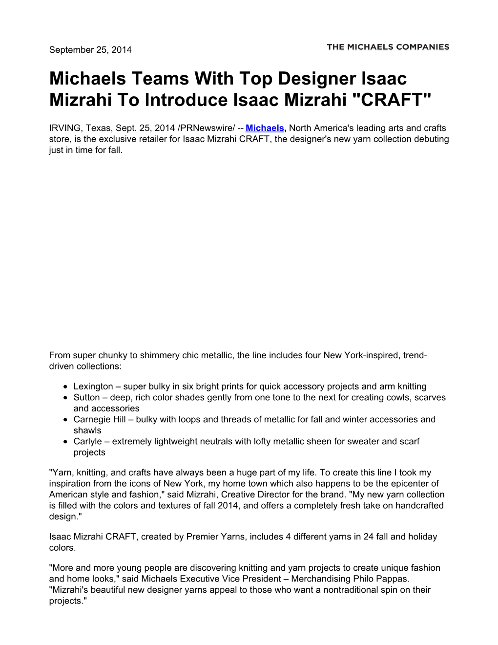 Michaels Teams with Top Designer Isaac Mizrahi to Introduce Isaac Mizrahi 