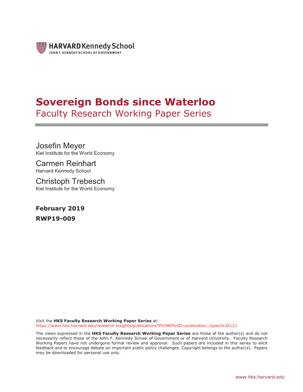 Sovereign Bonds Since Waterloo Faculty Research Working Paper Series