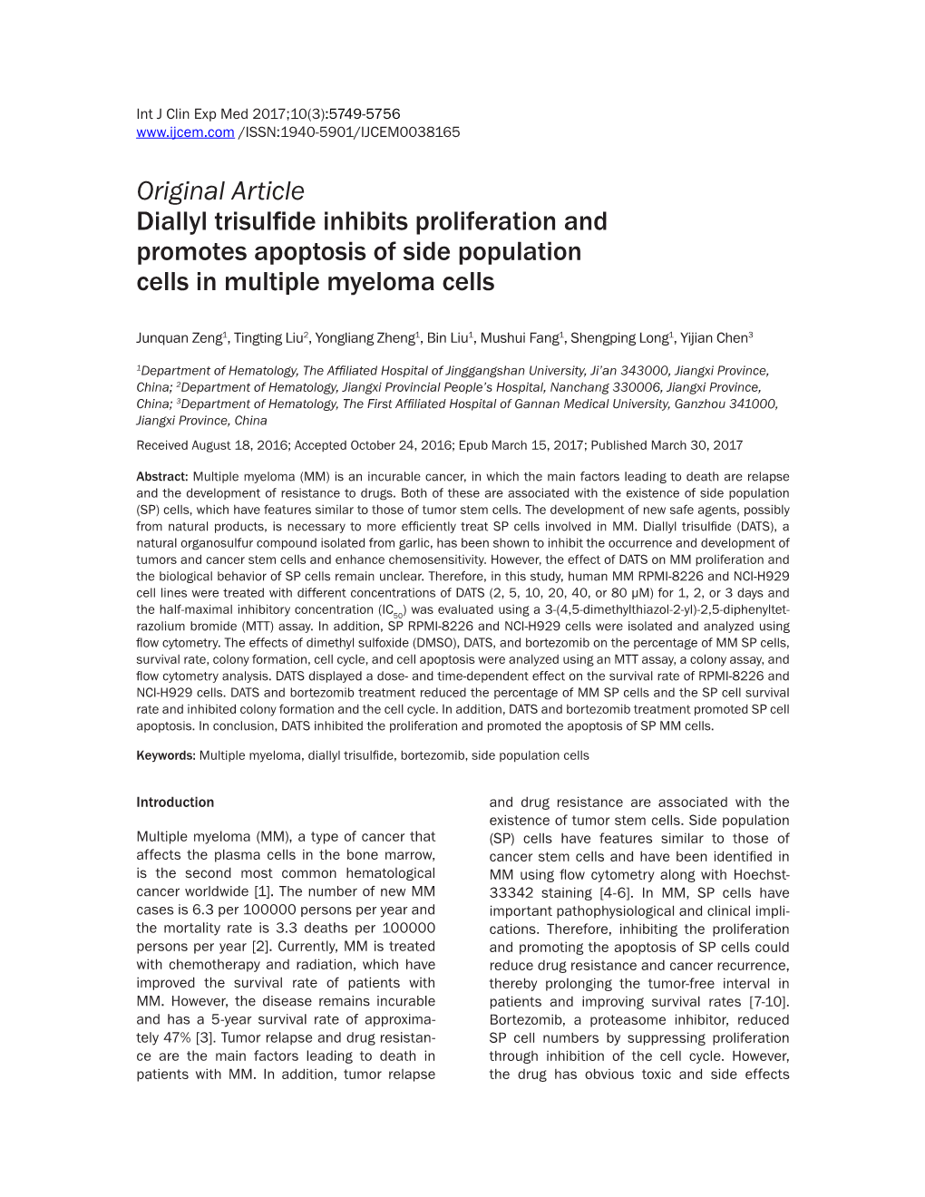 Original Article Diallyl Trisulfide Inhibits Proliferation and Promotes Apoptosis of Side Population Cells in Multiple Myeloma Cells