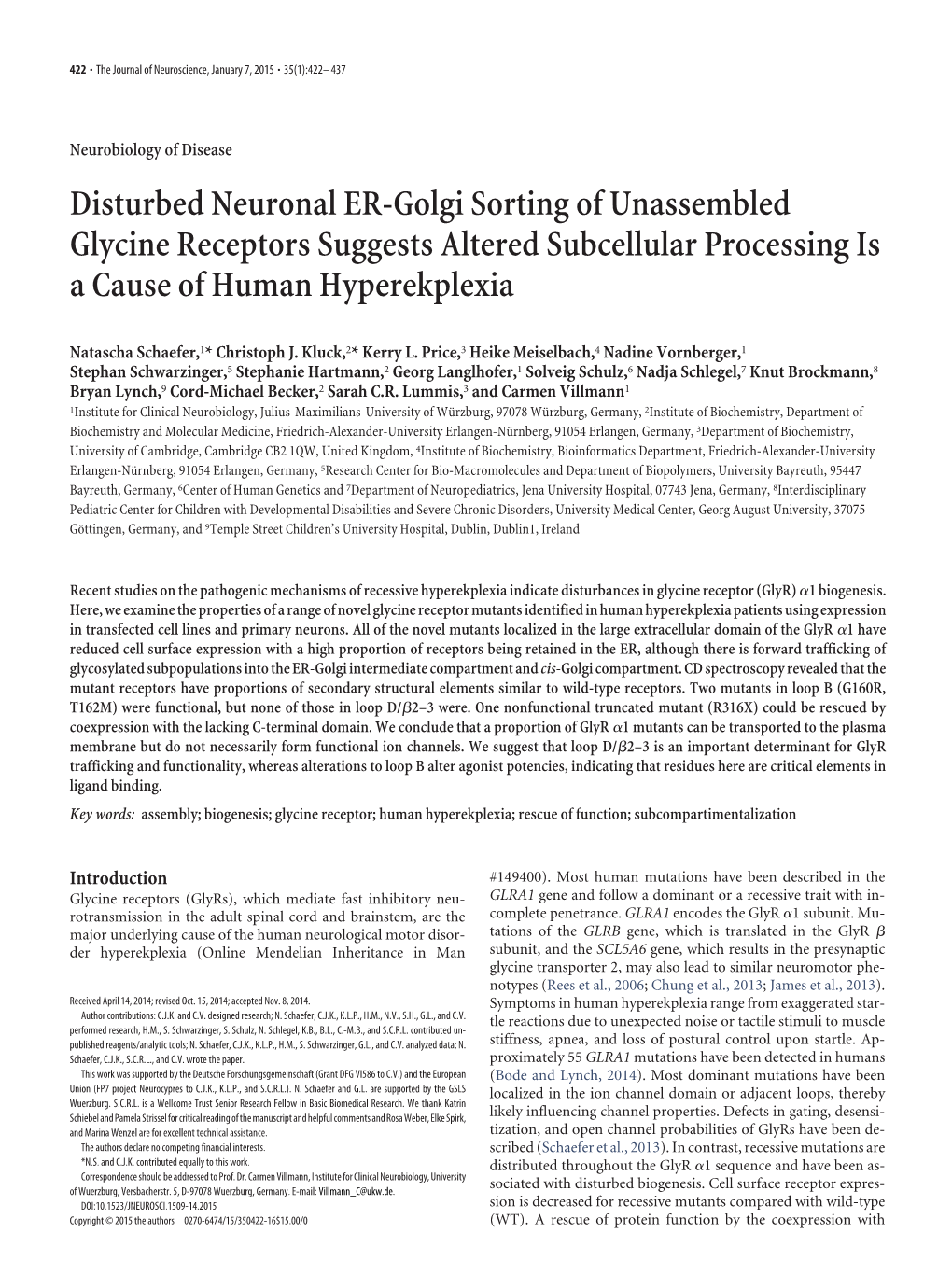 Disturbed Neuronal ER-Golgi Sorting of Unassembled Glycine Receptors Suggests Altered Subcellular Processing Is a Cause of Human Hyperekplexia