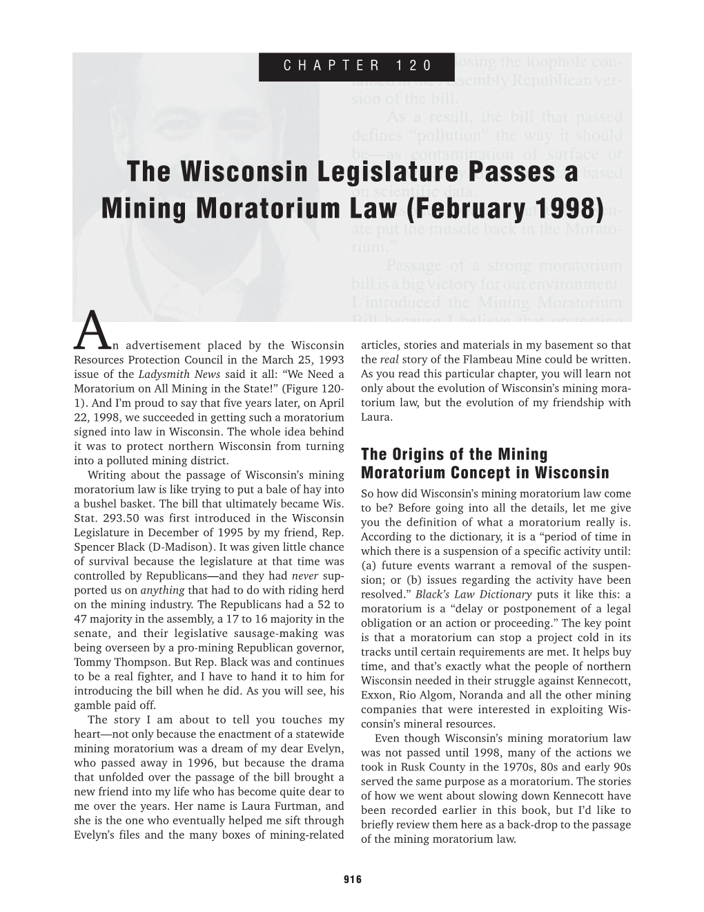 The Wisconsin Legislature Passes a Mining Moratorium Law (February 1998)