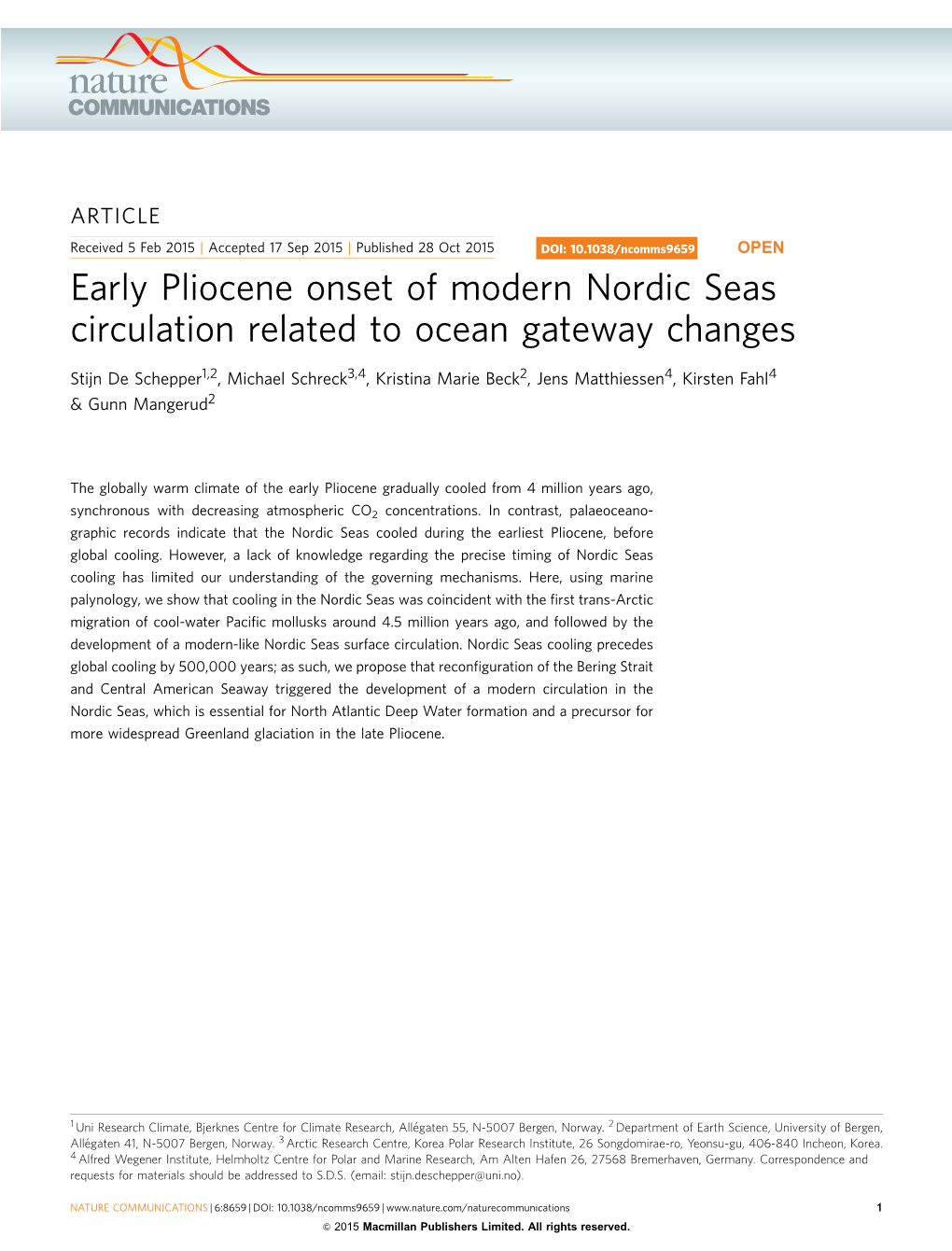 Early Pliocene Onset of Modern Nordic Seas Circulation Related to Ocean Gateway Changes