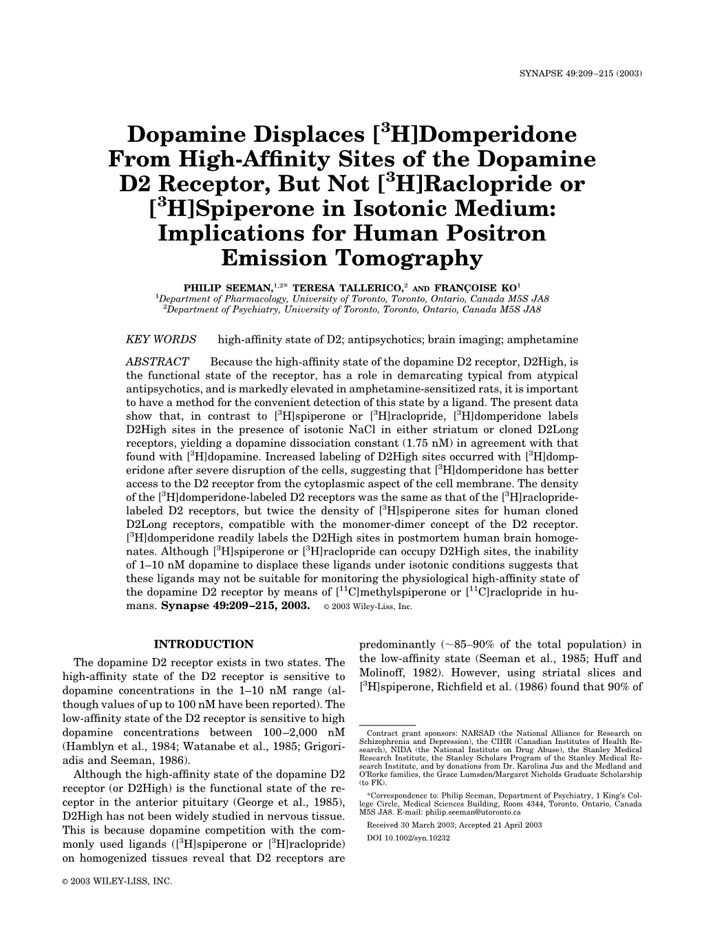 Domperidone from High-Affinity Sites of the Dopamine D2 Receptor, But