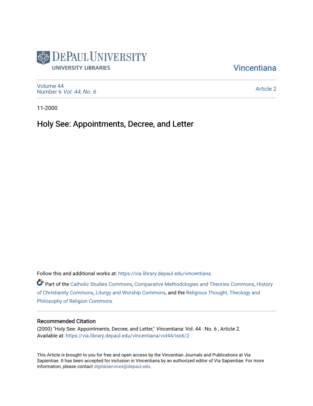 Holy See: Appointments, Decree, and Letter