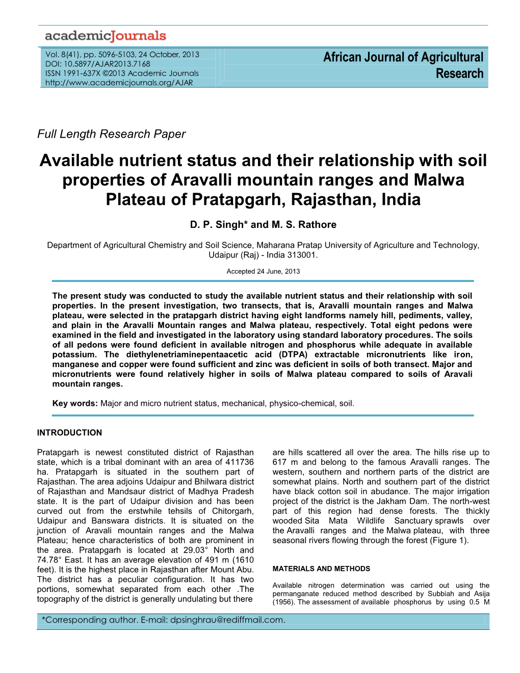 Available Nutrient Status and Their Relationship with Soil Properties of Aravalli Mountain Ranges and Malwa Plateau of Pratapgarh, Rajasthan, India