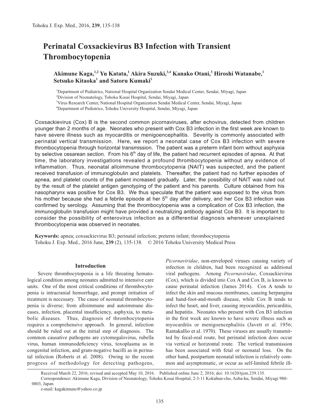 Perinatal Coxsackievirus B3 Infection with Transient Thrombocytopenia