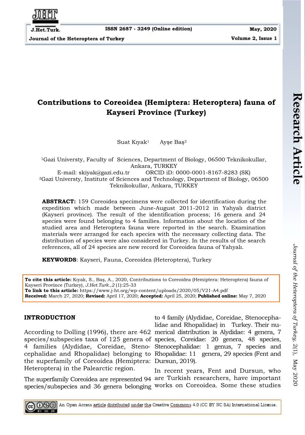 Research Article Contributions to Coreoidea (Hemiptera: Heteroptera) Fauna of Kayseri Province (Turkey)