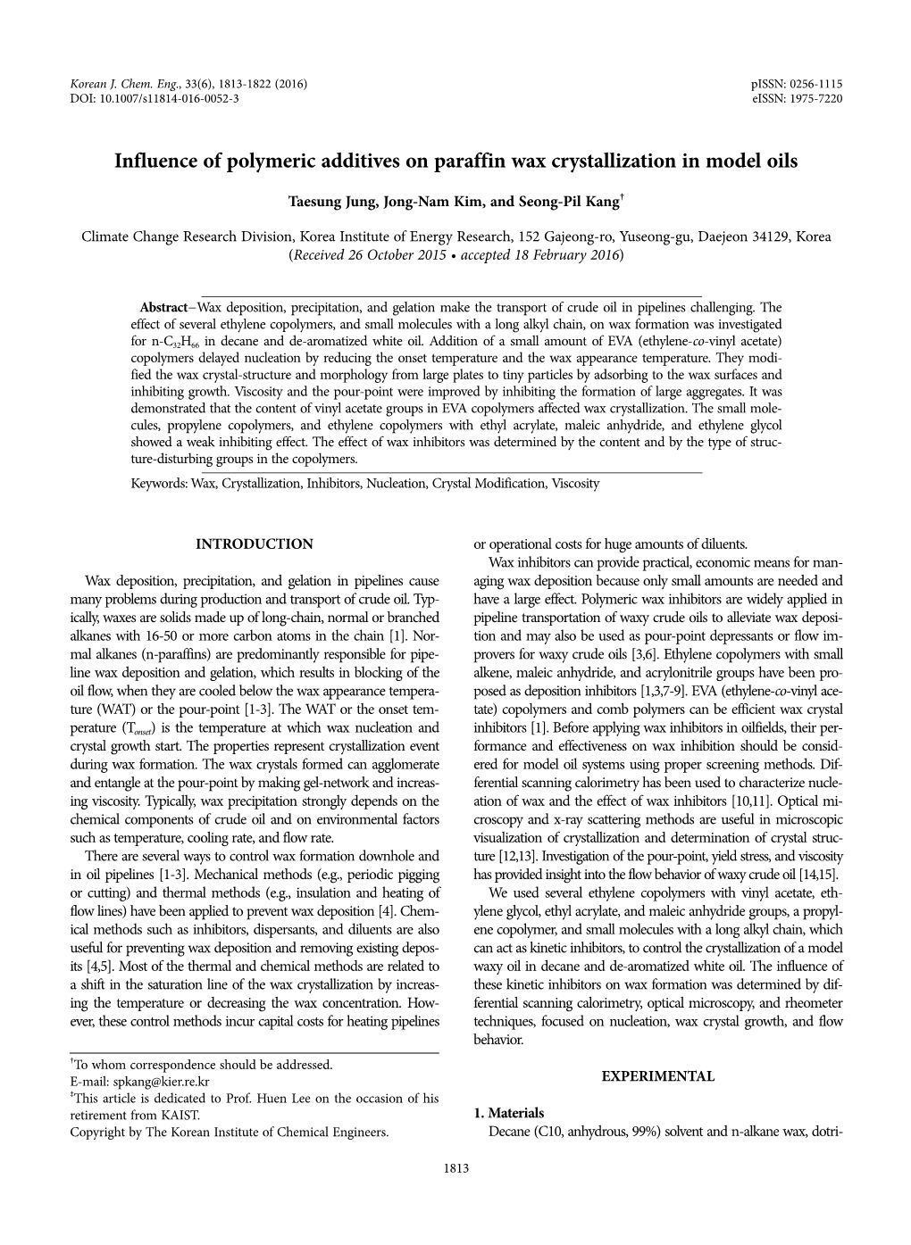 Influence of Polymeric Additives on Paraffin Wax Crystallization in Model Oils