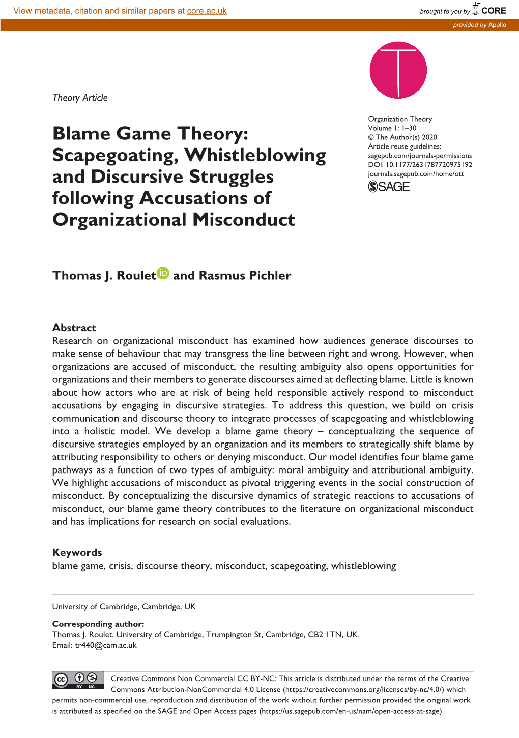 Blame Game Theory: Scapegoating, Whistleblowing and Discursive Struggles Following Accusations of Organizational Misconduct