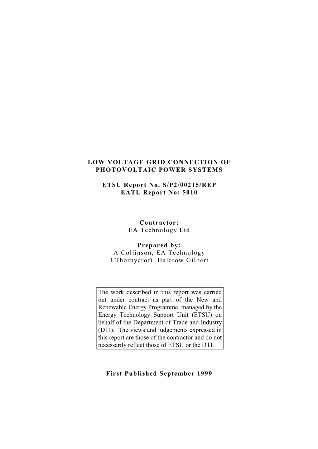 Low Voltage Grid Connection of Photovoltaic Power Systems