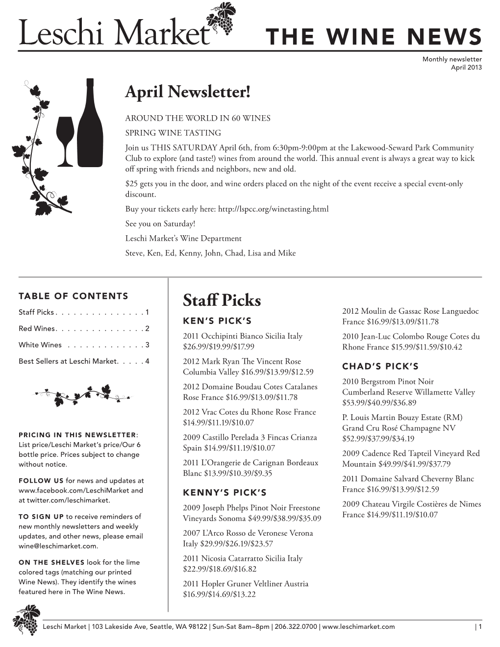 THE WINE NEWS Monthly Newsletter April 2013 April Newsletter!