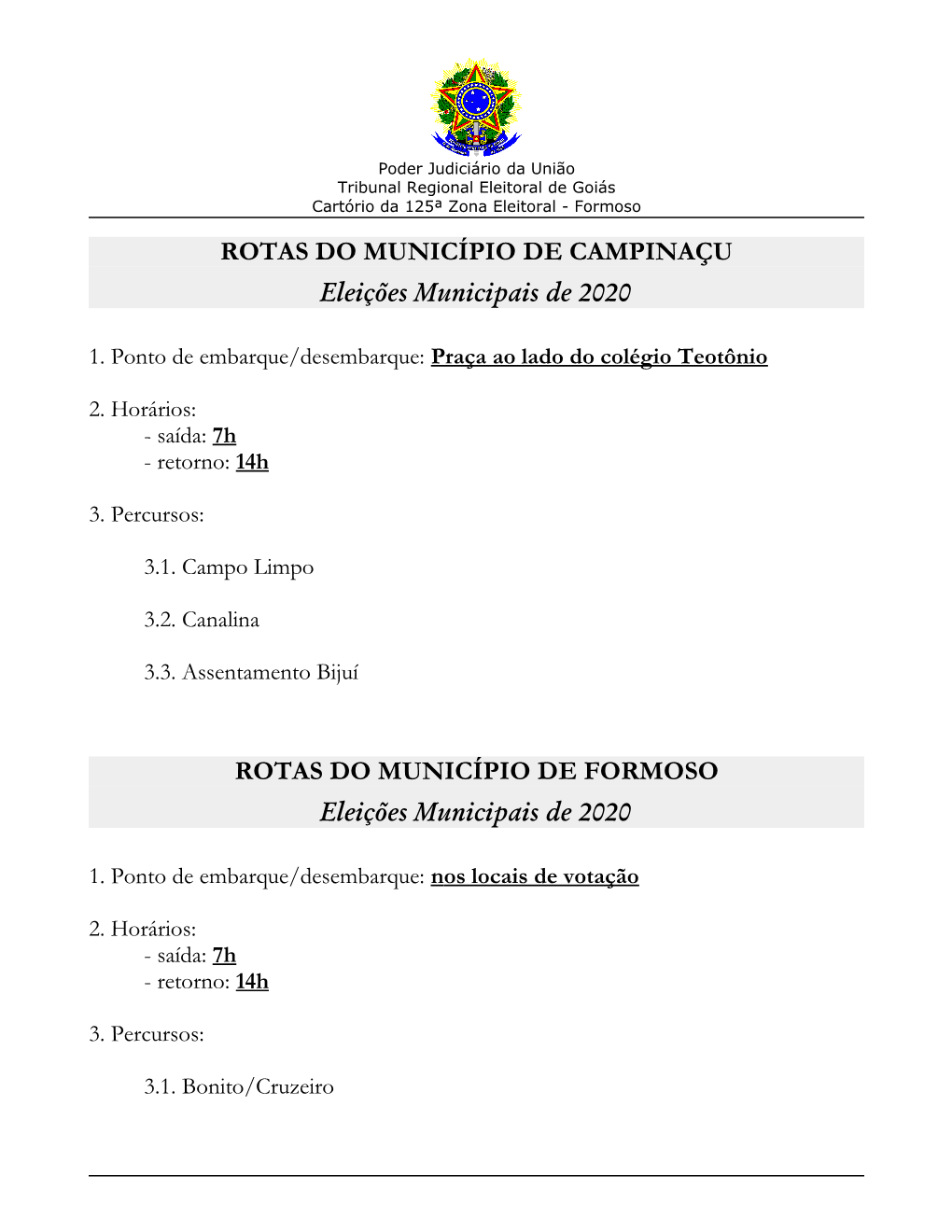 ROTAS DO MUNICÍPIO DE CAMPINAÇU Eleições Municipais De 2020