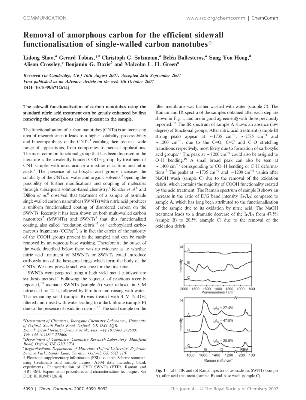 Removal of Amorphous Carbon for the Efficient Sidewall Functionalisation of Single-Walled Carbon Nanotubes{