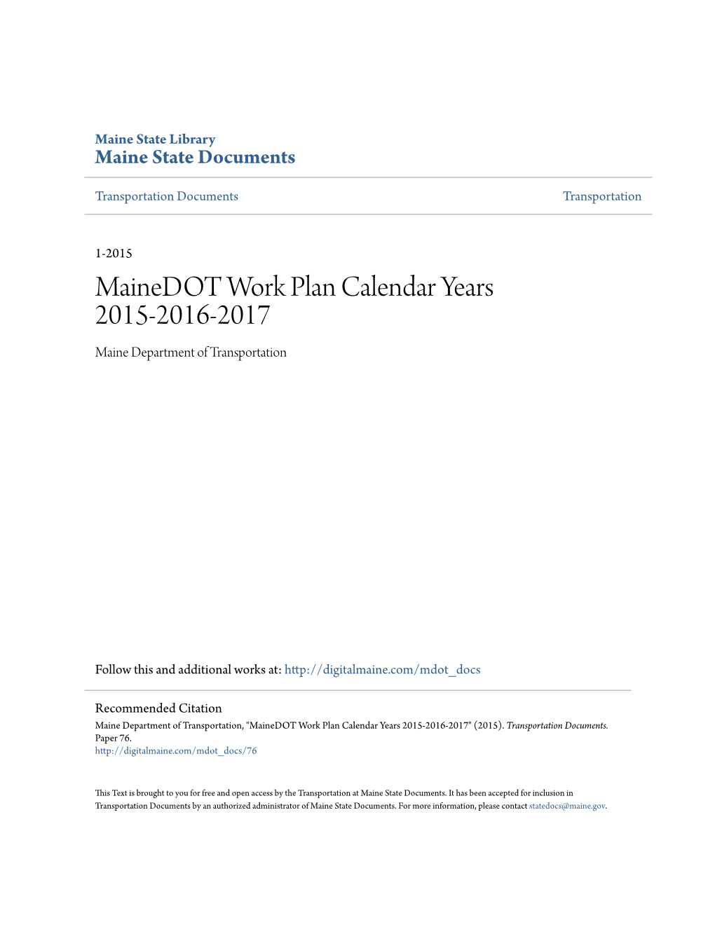 Mainedot Work Plan Calendar Years 2015-2016-2017 Maine Department of Transportation