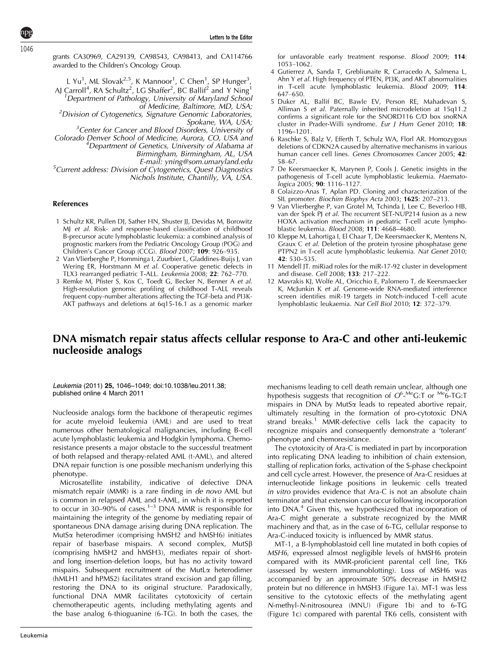 DNA Mismatch Repair Status Affects Cellular Response to Ara-C and Other Anti-Leukemic Nucleoside Analogs