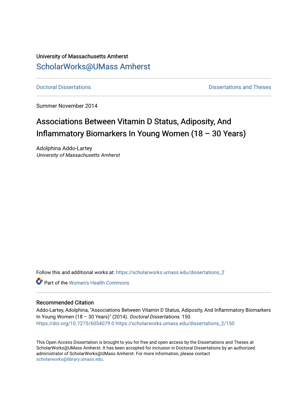 Associations Between Vitamin D Status, Adiposity, and Inflammatory Biomarkers in Young Women (18 – 30 Years)