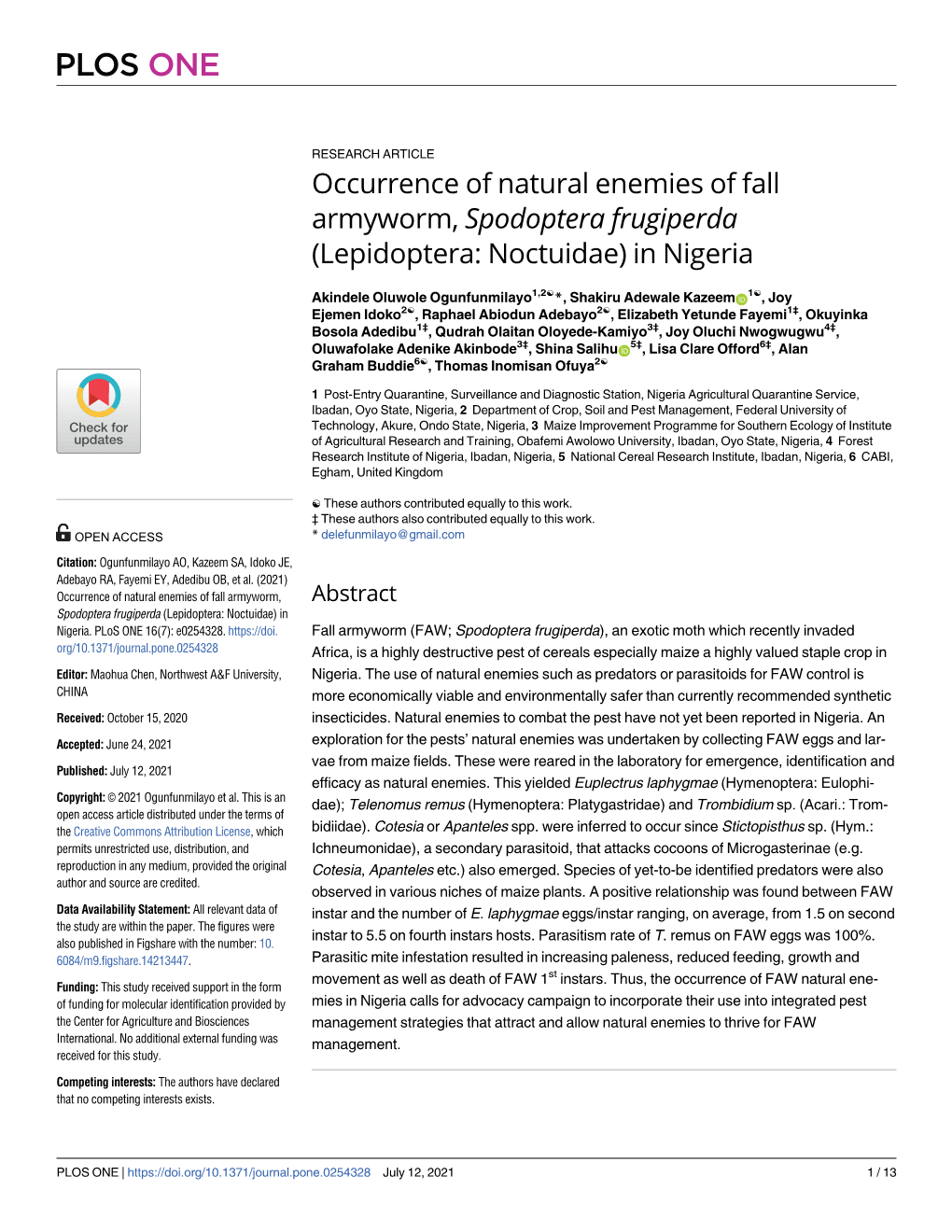 Occurrence of Natural Enemies of Fall Armyworm, Spodoptera Frugiperda (Lepidoptera: Noctuidae) in Nigeria