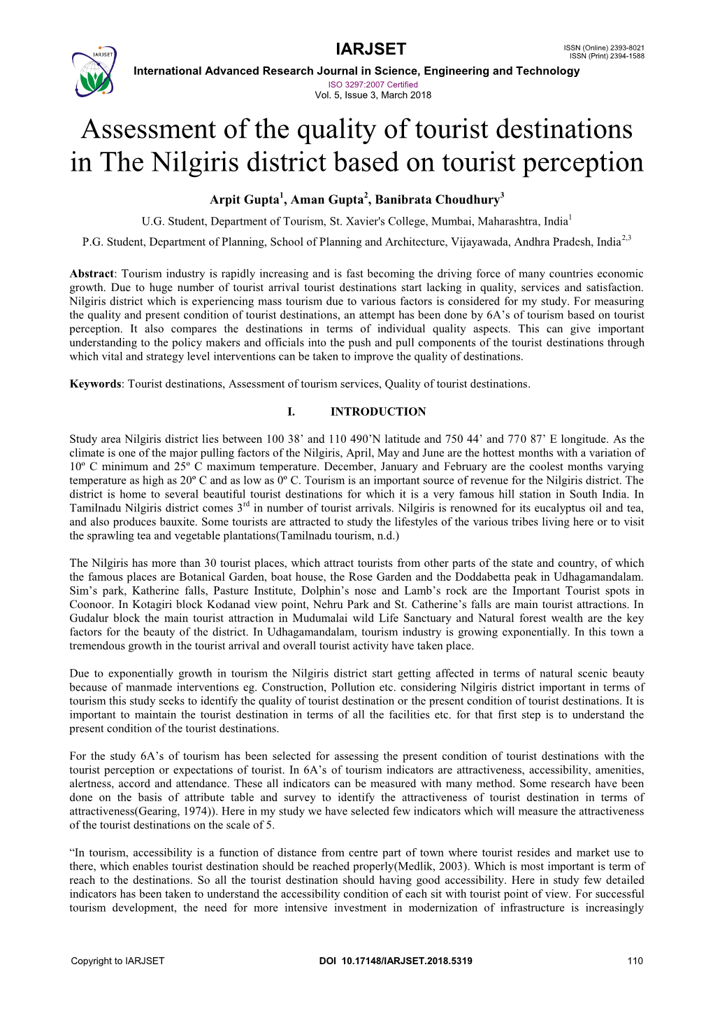 Assessment of the Quality of Tourist Destinations in the Nilgiris District Based on Tourist Perception