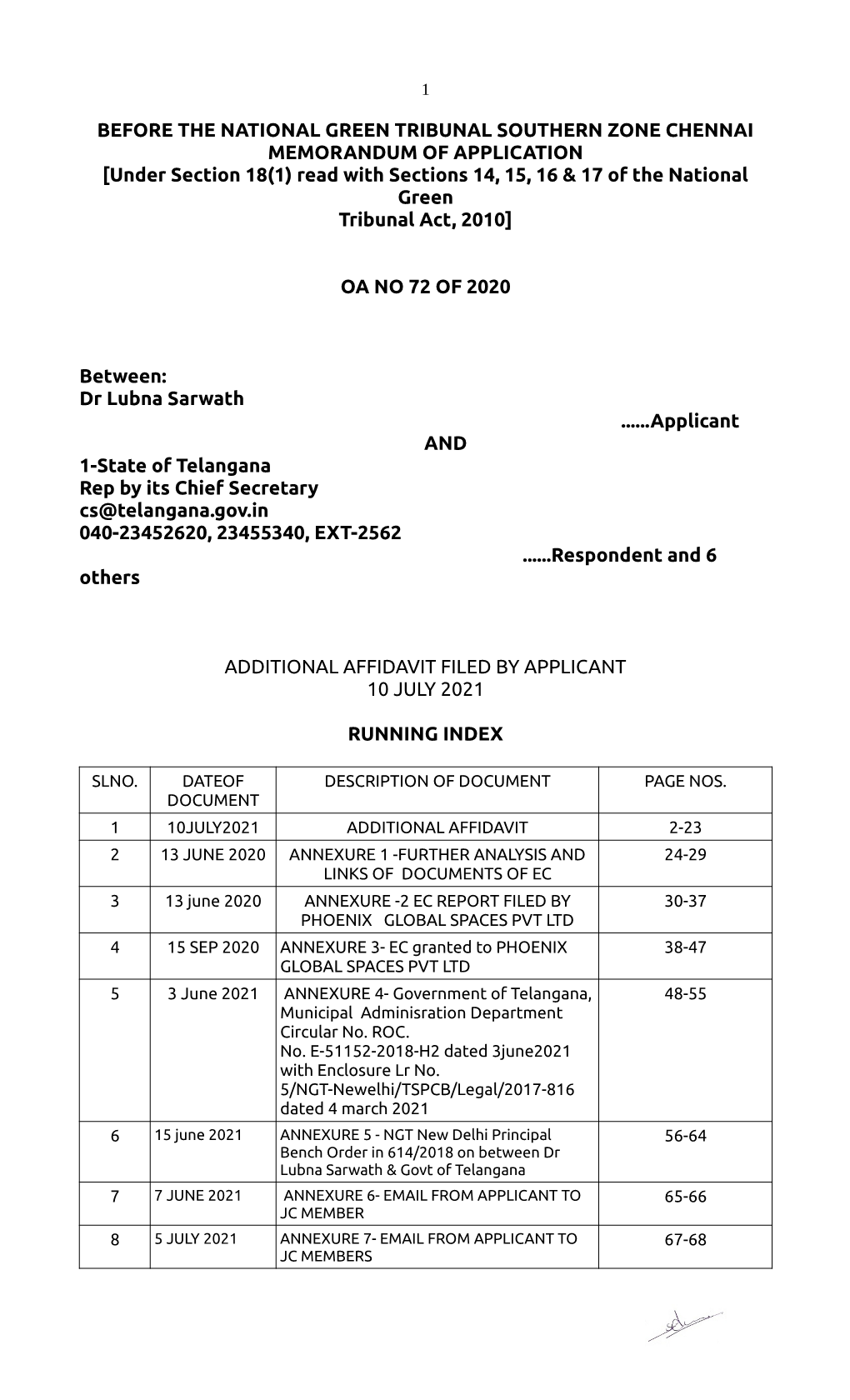 BEFORE the NATIONAL GREEN TRIBUNAL SOUTHERN ZONE CHENNAI MEMORANDUM of APPLICATION [Under Section 18(1) Read with Sections 14, 1