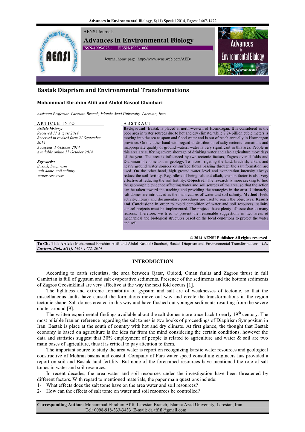 Advances in Environmental Biology, 8(11) Special 2014, Pages: 1467-1472