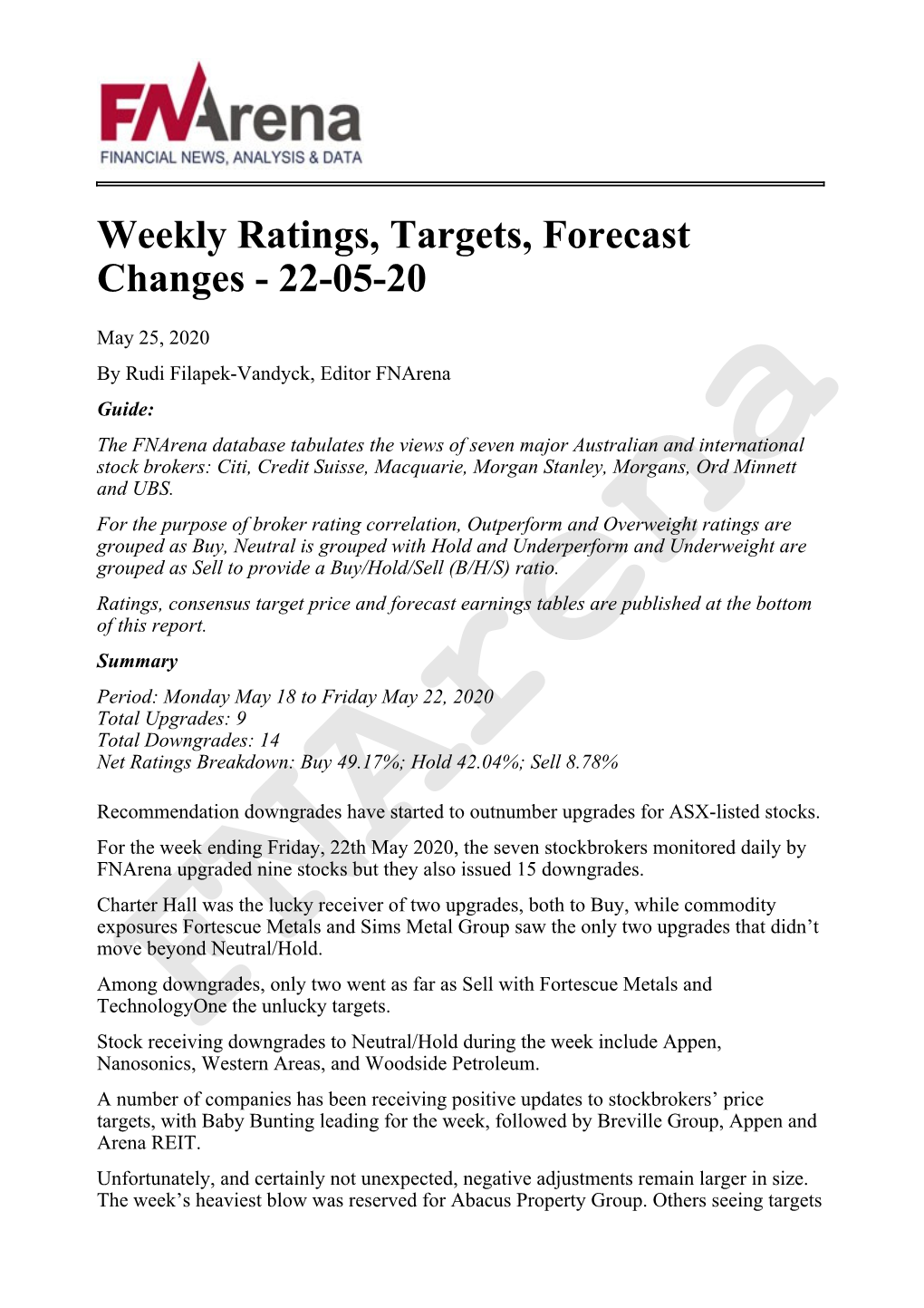 Weekly Ratings, Targets, Forecast Changes - 22-05-20