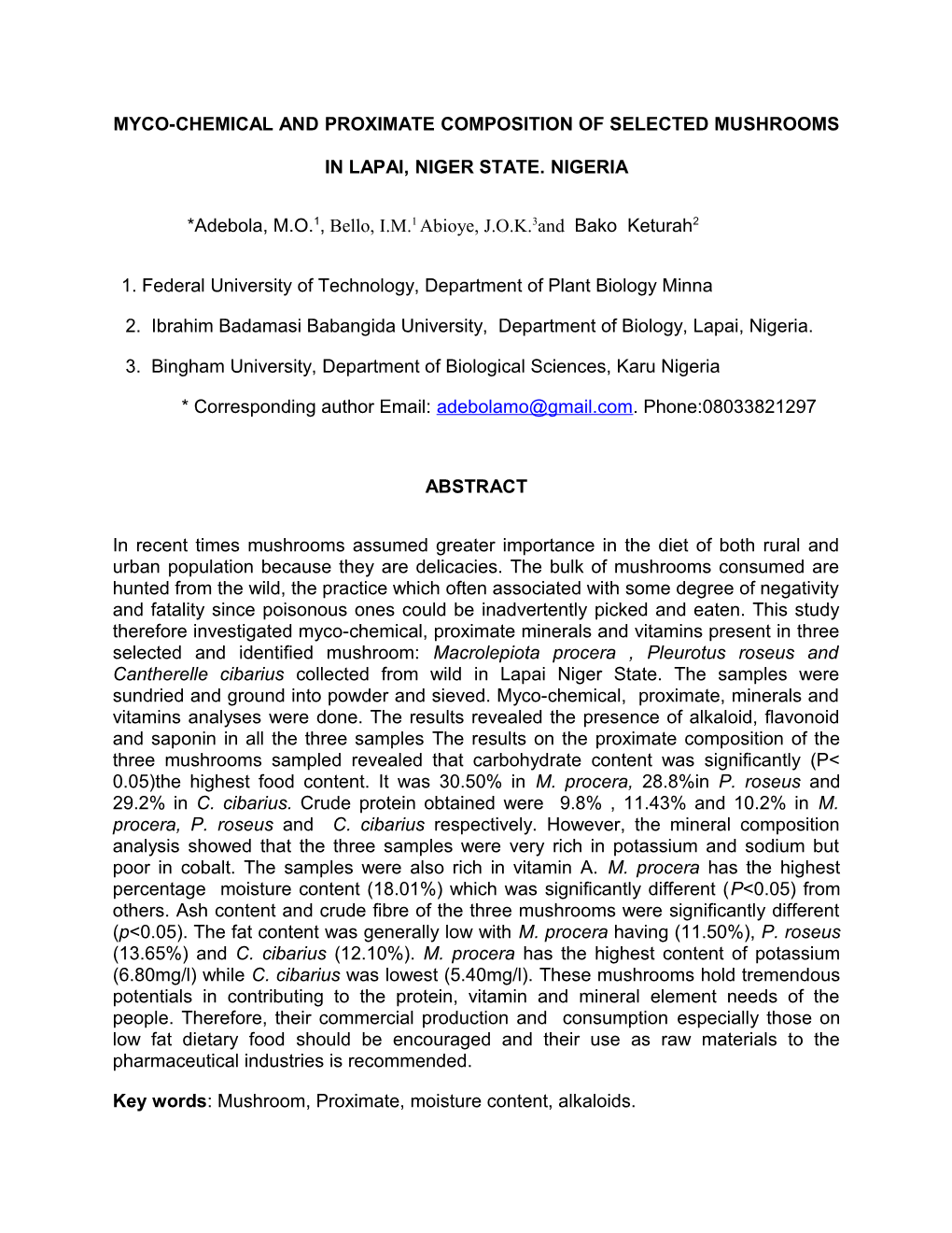Myco-Chemical and Proximate Composition of Selected Mushrooms in Lapai, Niger State. Nigeria