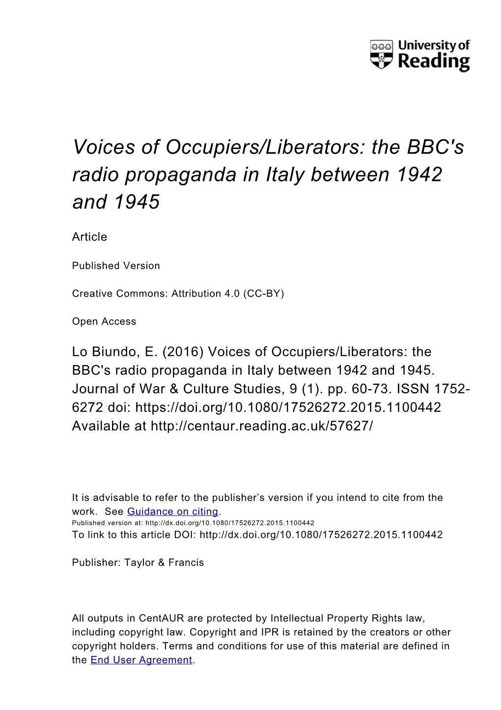 Voices of Occupiers/Liberators: the BBC's Radio Propaganda in Italy Between 1942 and 1945