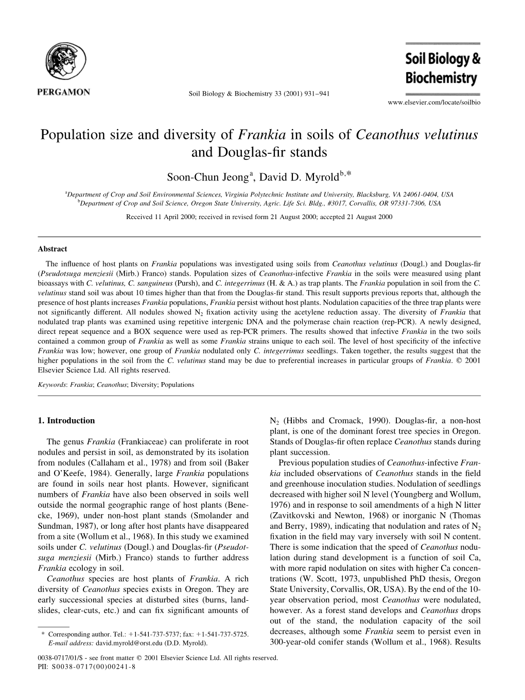 Population Size and Diversity of Frankia in Soils of Ceanothus Velutinus and Douglas-®R Stands