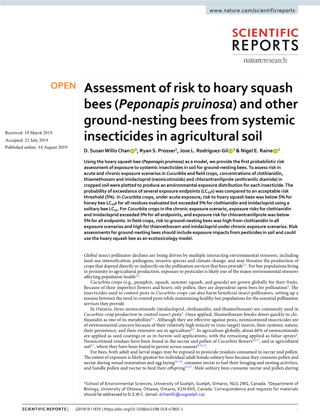 Assessment of Risk to Hoary Squash Bees (Peponapis Pruinosa) and Other Ground-Nesting Bees from Systemic Insecticides in Agricul