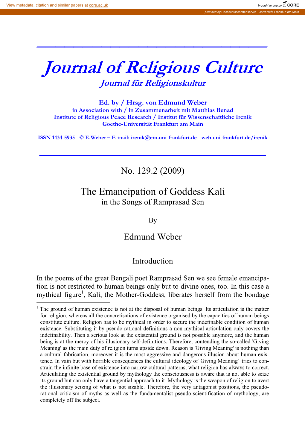 Journal of Religious Culture Journal Für Religionskultur