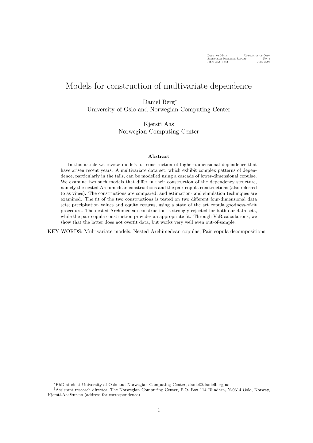 Models for Construction of Multivariate Dependence