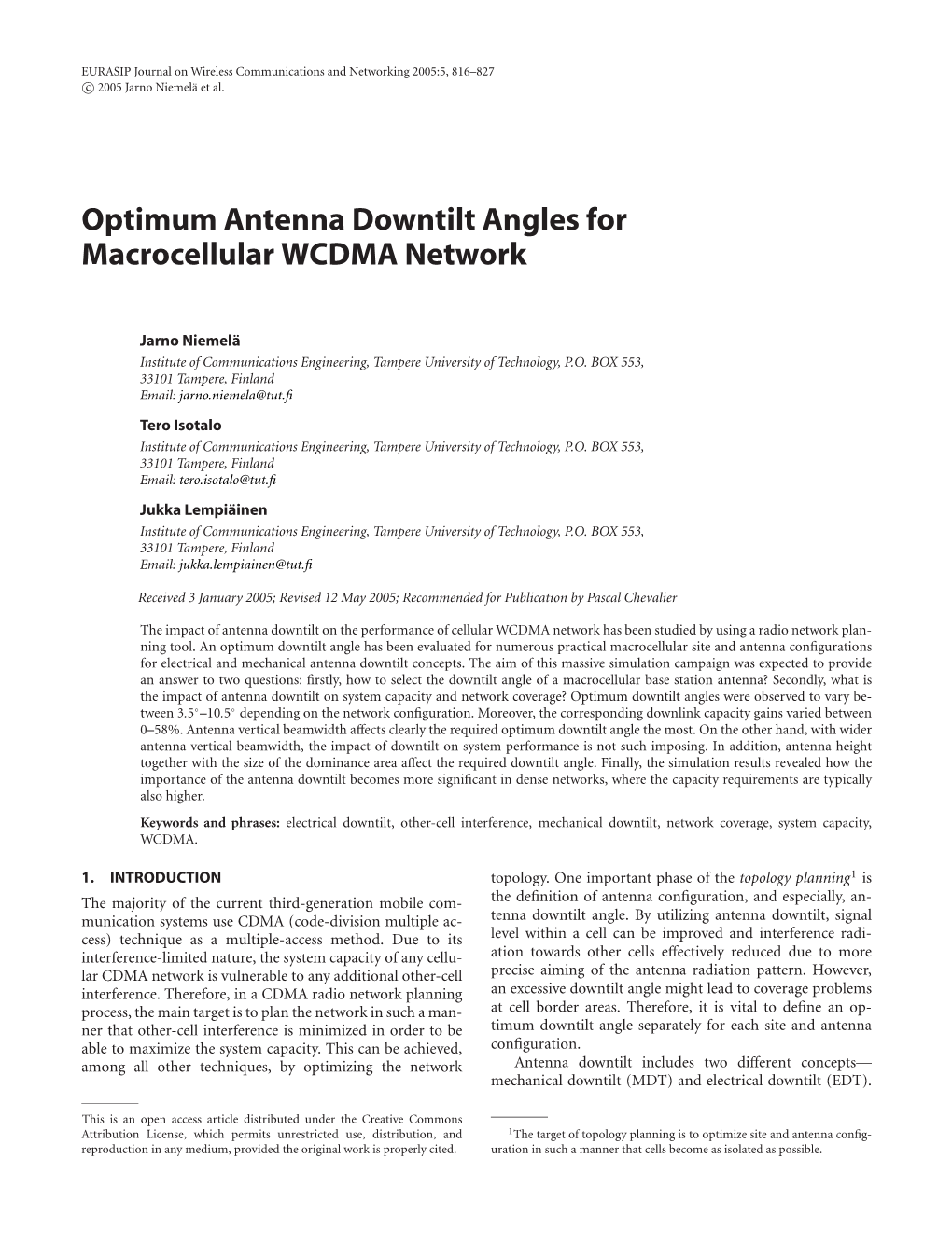 Optimum Antenna Downtilt Angles for Macrocellular WCDMA Network
