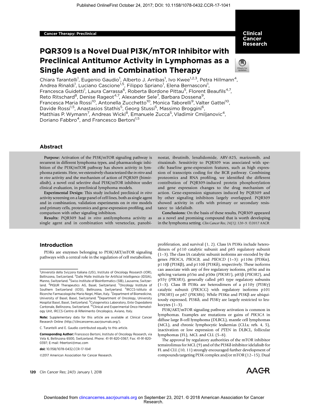 PQR309 Is a Novel Dual PI3K/Mtor Inhibitor with Preclinical Antitumor Activity in Lymphomas As a Single Agent and in Combination