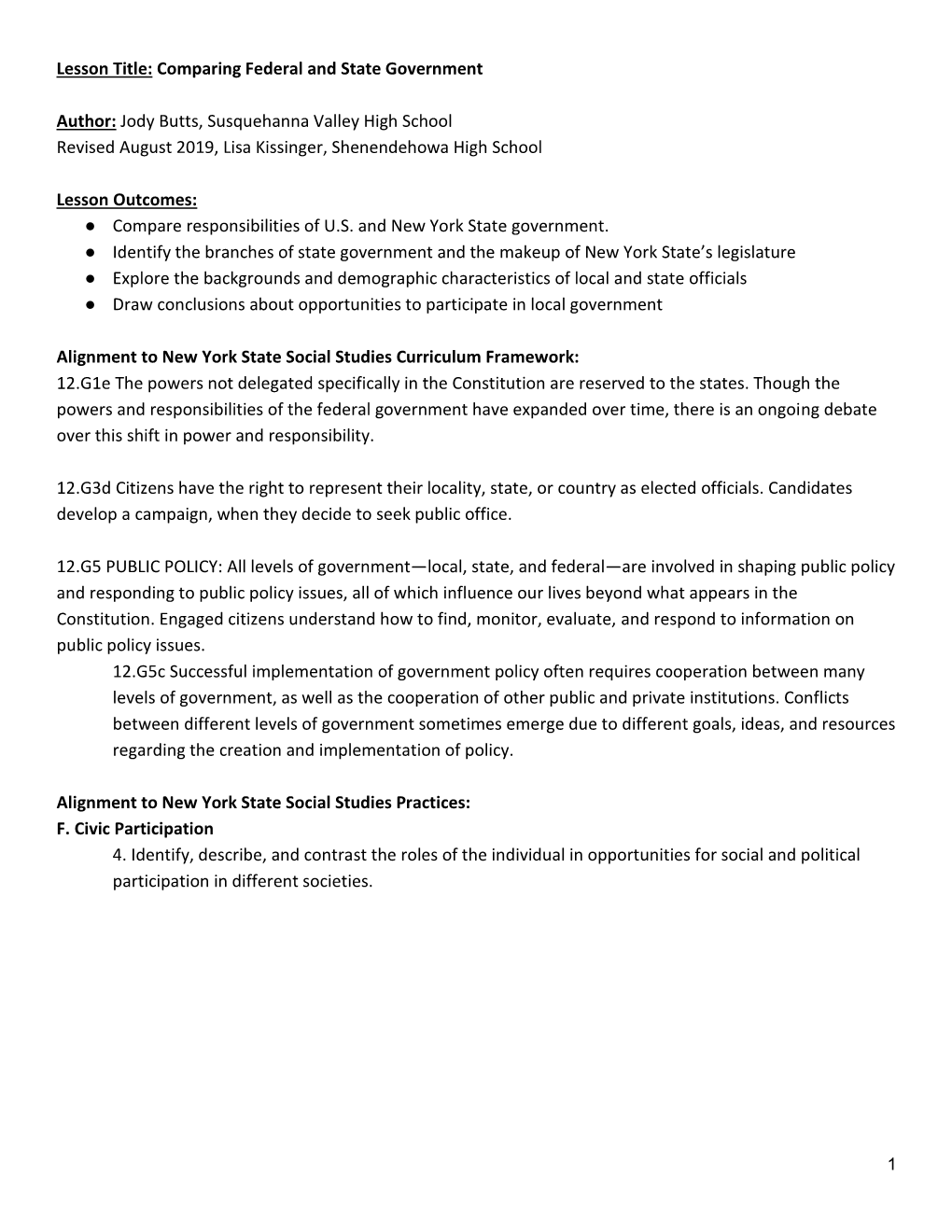 LWVNYS Lesson Plan Structure of NY Government