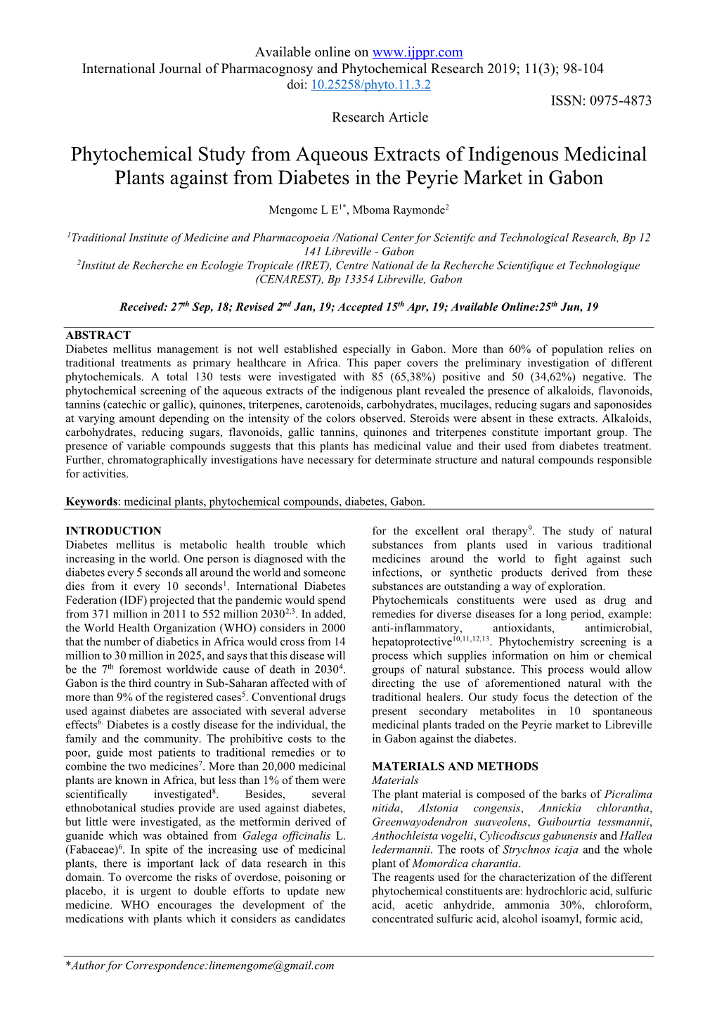 Phytochemical Study from Aqueous Extracts of Indigenous Medicinal Plants Against from Diabetes in the Peyrie Market in Gabon