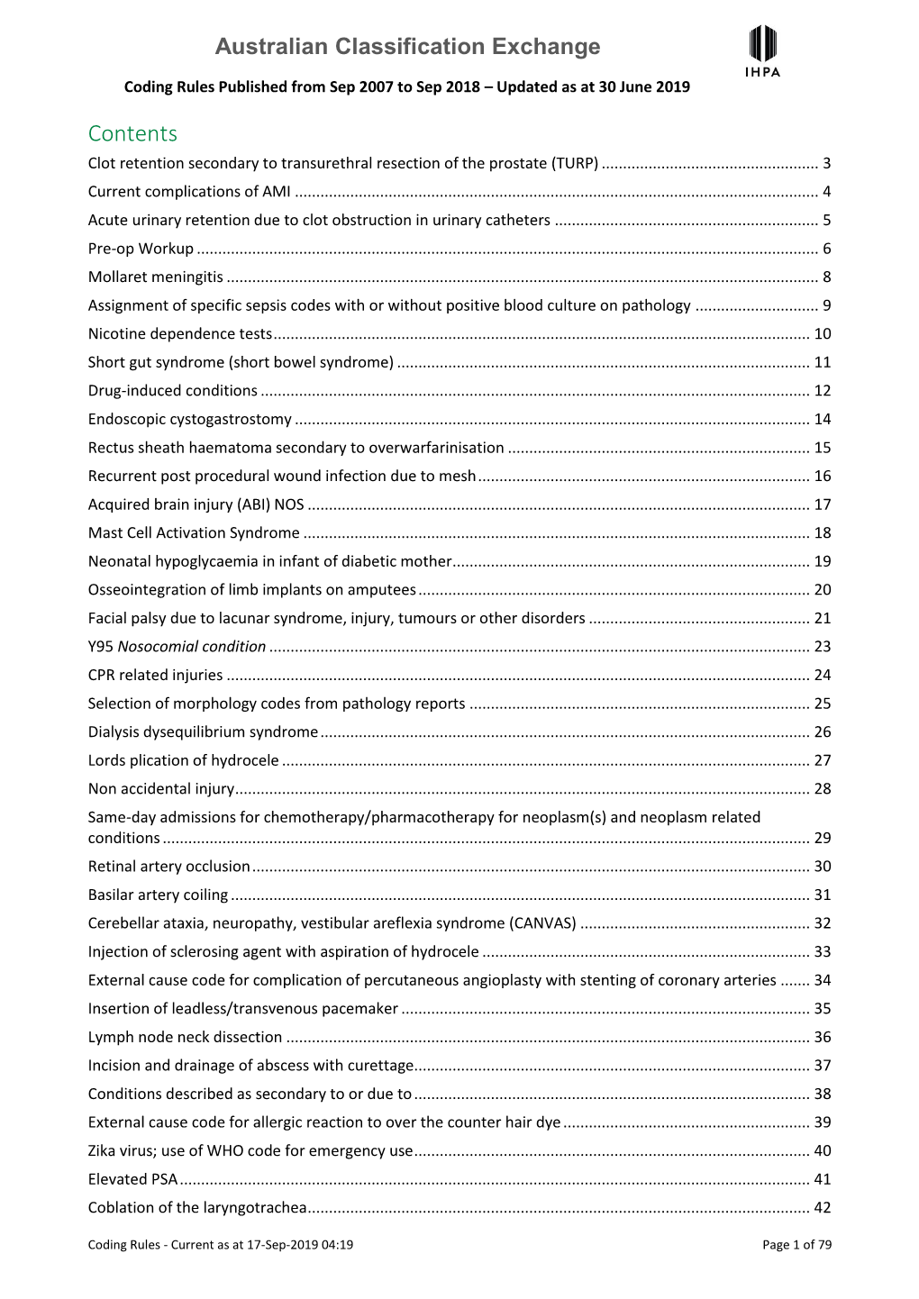 Coding Rules Published from Sep 2007 to Sep 2018 – Updated As at 30 June 2019