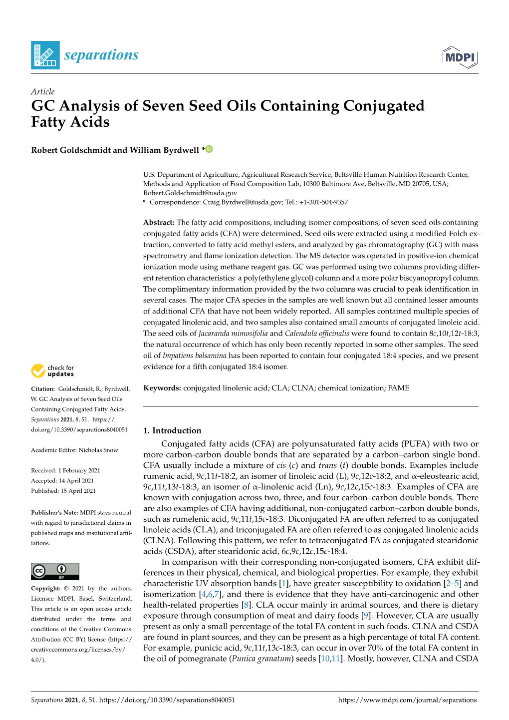GC Analysis of Seven Seed Oils Containing Conjugated Fatty Acids