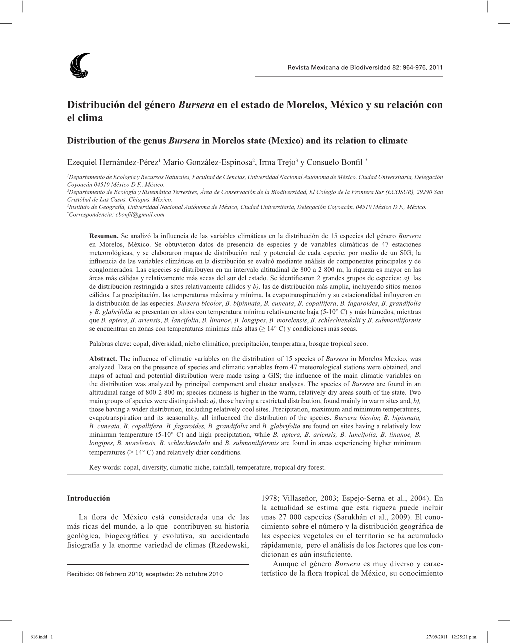 Distribución Del Género Bursera En El Estado De Morelos, México Y Su Relación Con El Clima